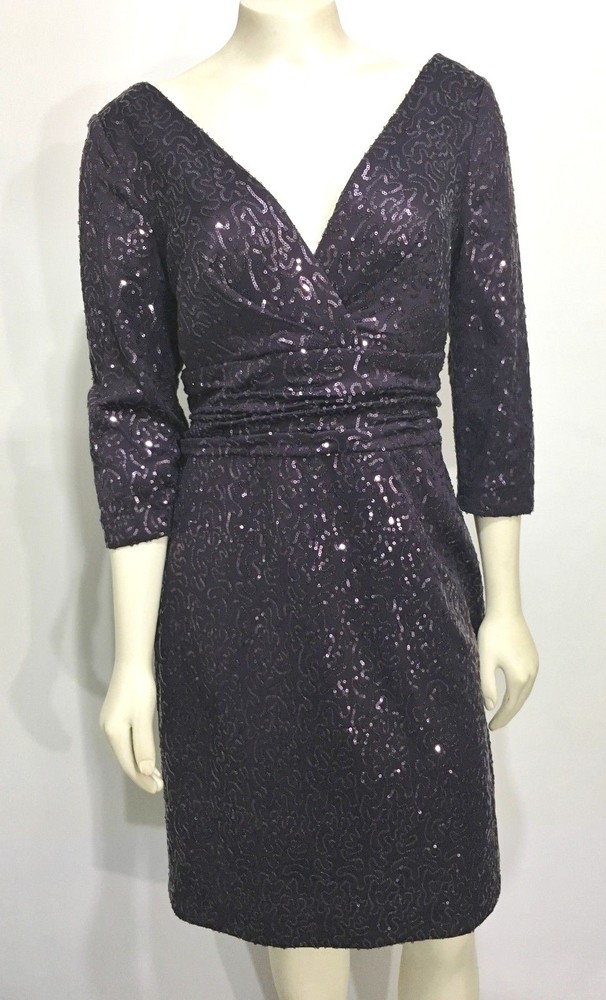 Kay Unger NY 10 Plum Purple Sequin V-Neck Cocktail Dress 3/4 Sleeves Knee-Length