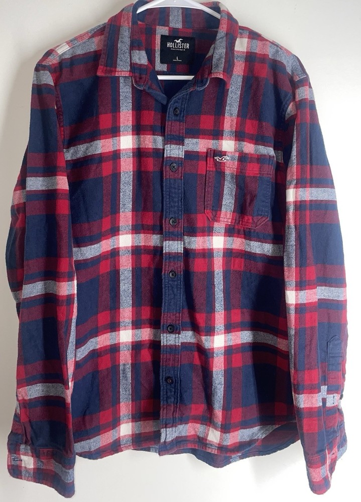 Hollister Men's Long Sleeve Shirt Blue-Red Plaid, Flannel, Button-Up, Size L