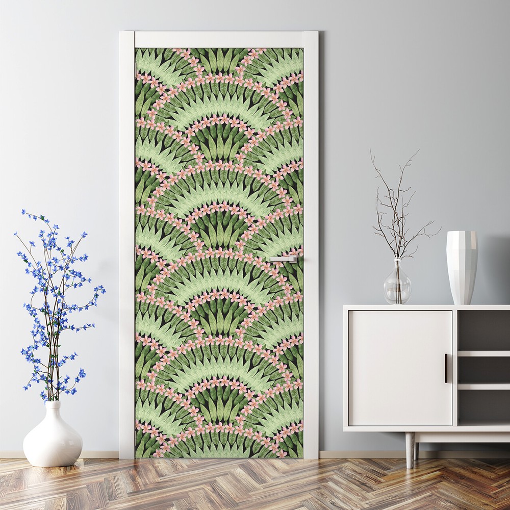 Floral Herringbone Green Leaves and Pink Flowers Adhesive Door Sticker