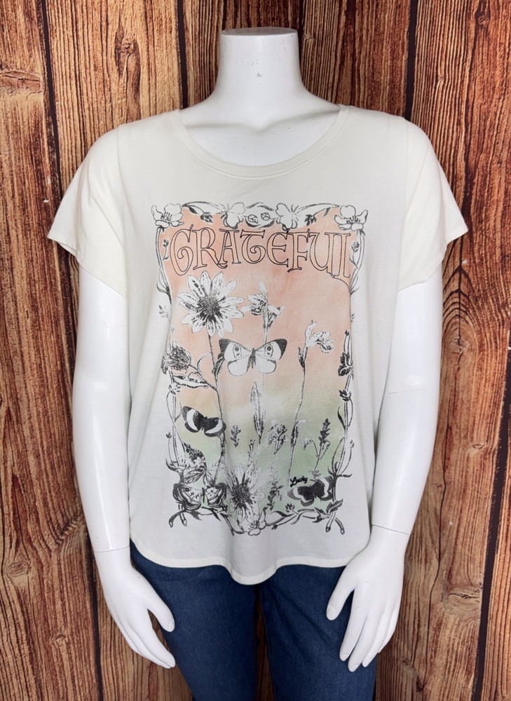 LUCKY BRAND Women's 2XL Mint Peach Embroidered GRATEFUL Butterfly Flowers Tee
