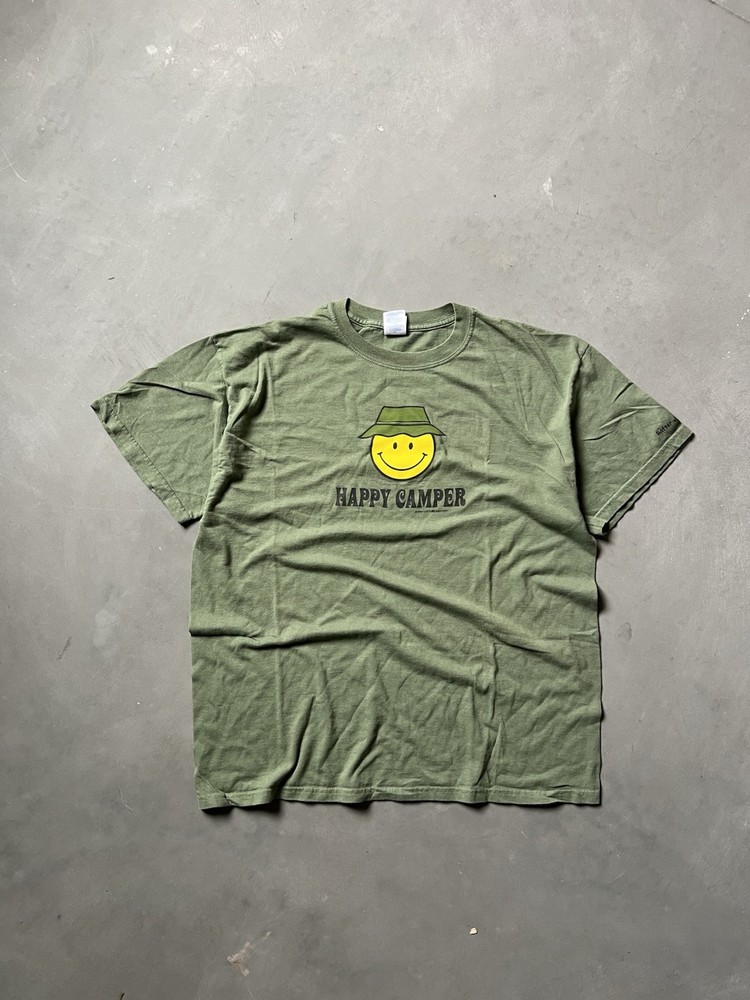 Green Happy Camper T-shirt size XL smiley face outdoors vintage