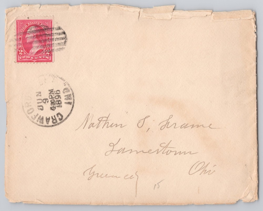 Crawford, Ind, Un circular cancel 2c red to Jamestown, Ohio 1896