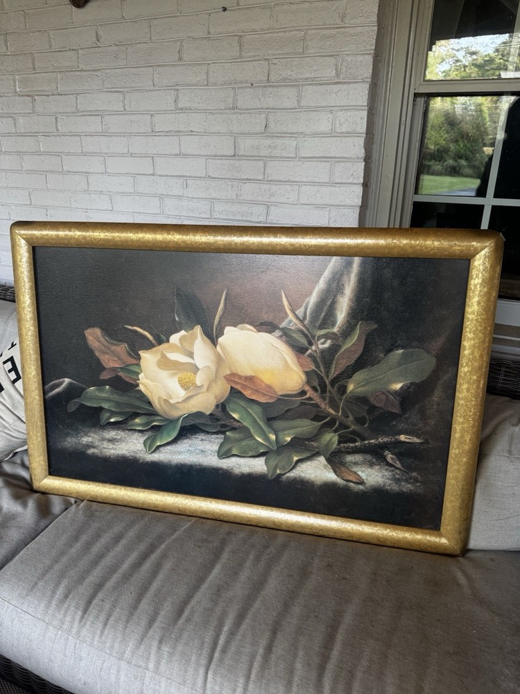 Vintage Magnolia Oil Painting On Canvas Gold Ornate Frame Southern Art Signed