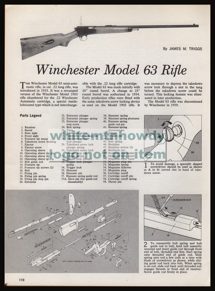 WINCHESTER 63 Rifle  Schematic Parts List Assembly Disassembly Artiole