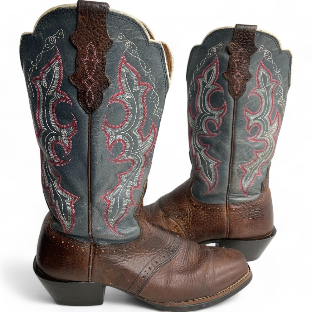 Justin Stampede Punchy Gray Red Leather Western Square Toe Boots Women's 8 B