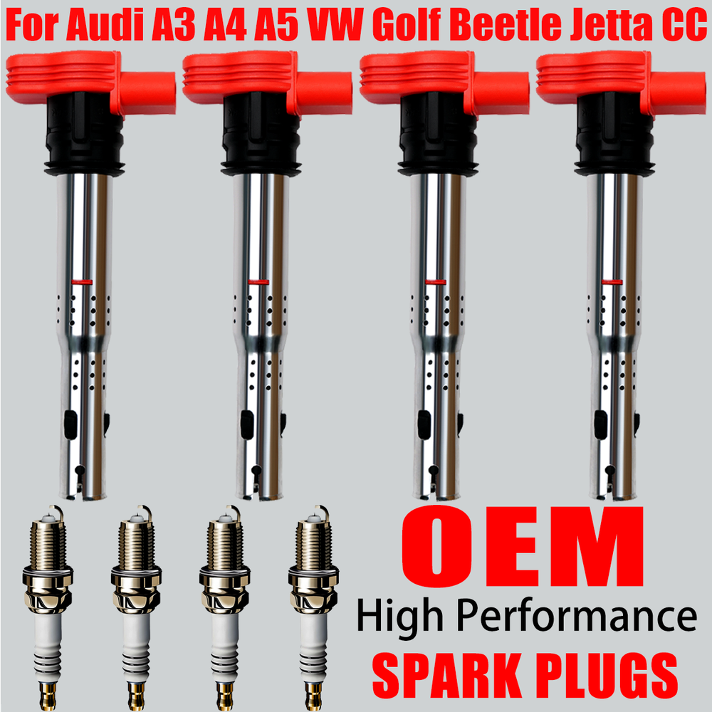 4X OEM Ignition Coil & Iridium Spark Plug For Audi A3 A4 VW Golf Beetle Jetta CC