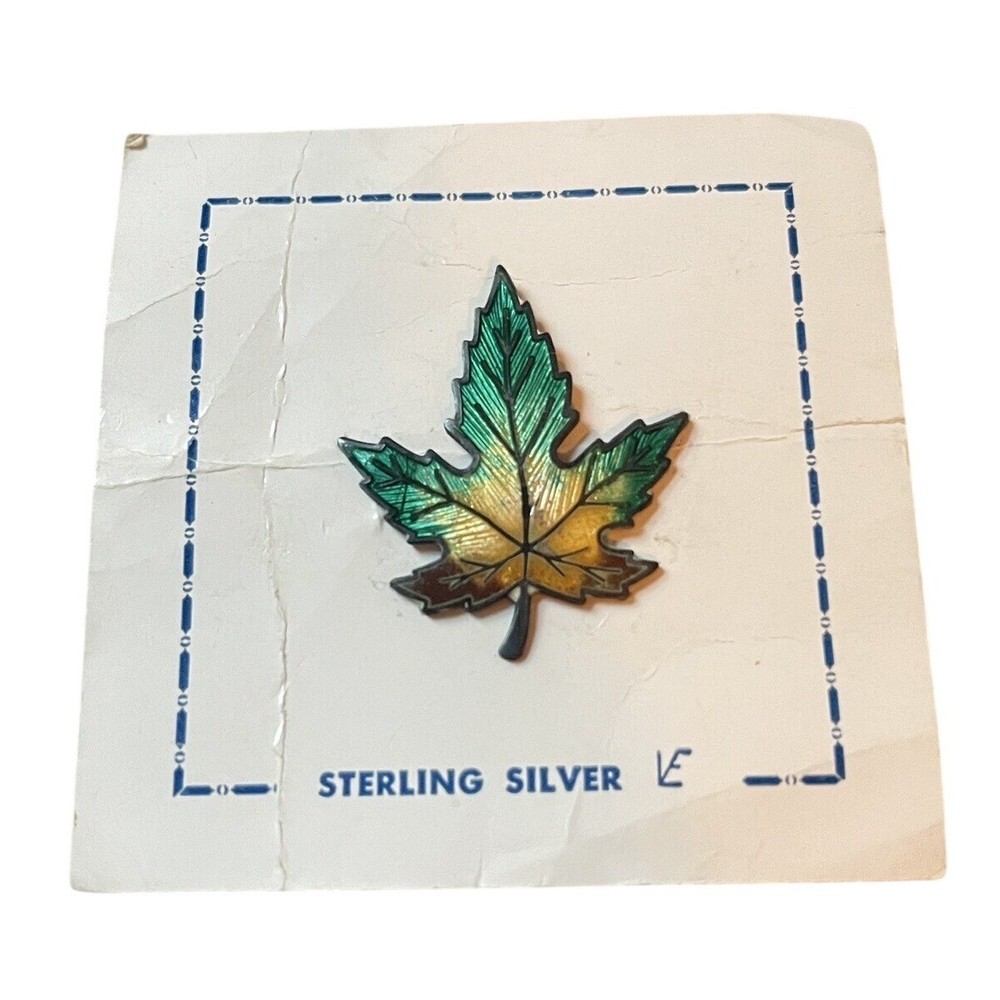 Vintage Sterling Silver Enamel guilloche Maple Leaf Oak Signed Brooch Canada 925