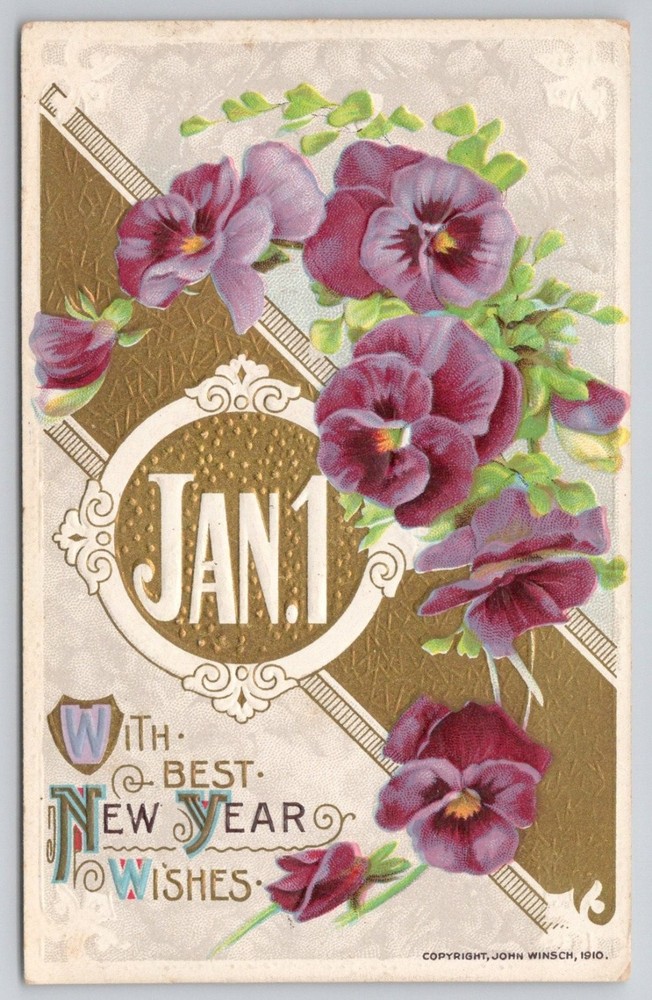 1910 John Winsch New Year Pansies Floral Embossed Postcard 1912 Posted Illinois