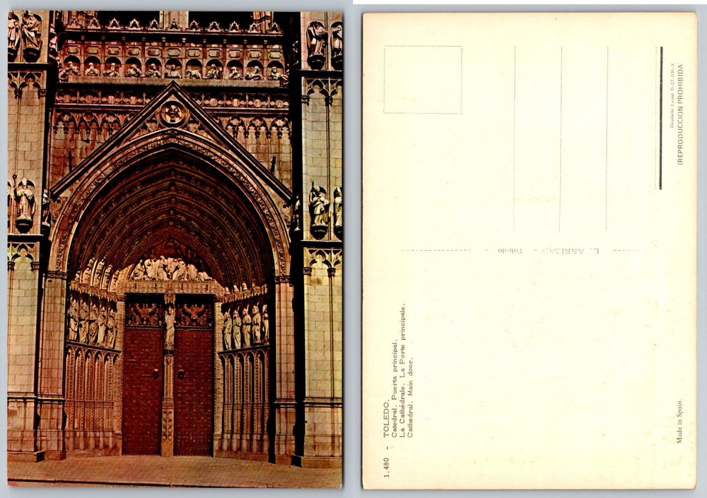 Toledo Cathedral Main Door Spain Vintage Postcard L. Arribas 1963 Architecture