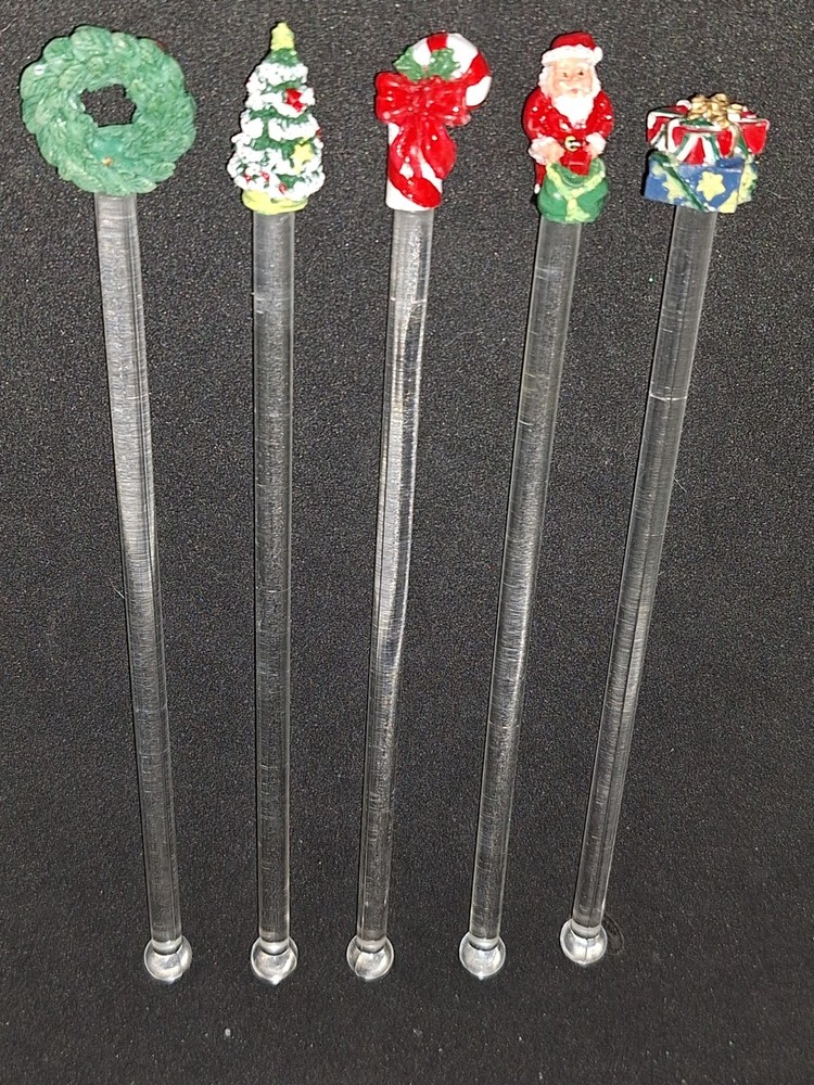 Vtg Christmas Swizzle Sticks Lot Santa, Tree, Candy Cane, Wreath, & Presents