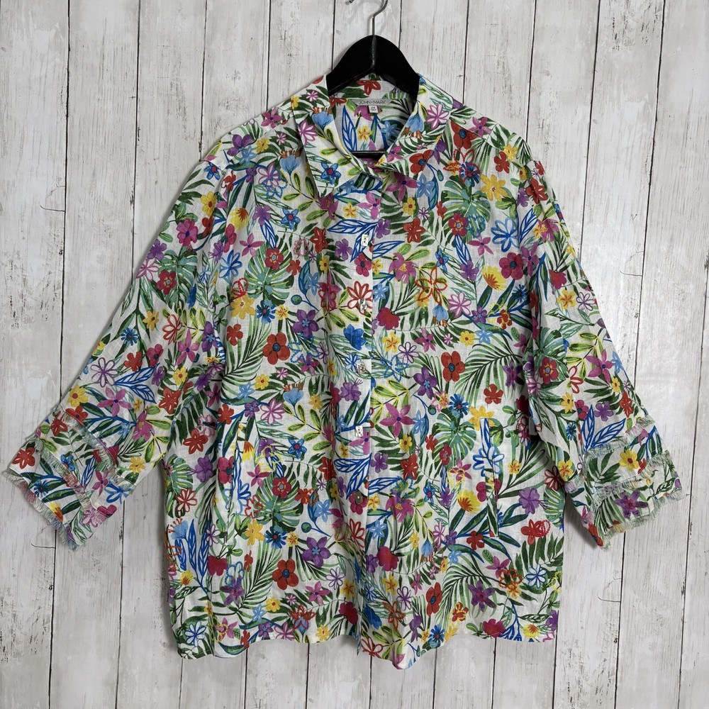 NWT John Mark Floral Linen Tunic 3/4 Sleeve Point Collar 2X