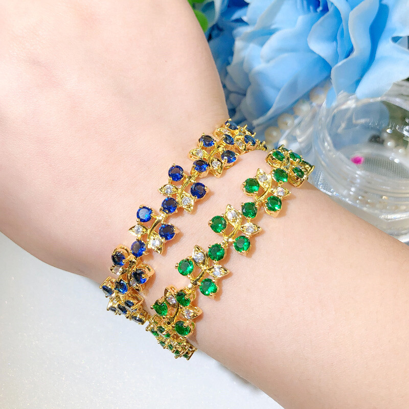 Gold Plated Leaf Round Cubic Zirconia Tennis Bracelet Women Wedding Jewelry Gift