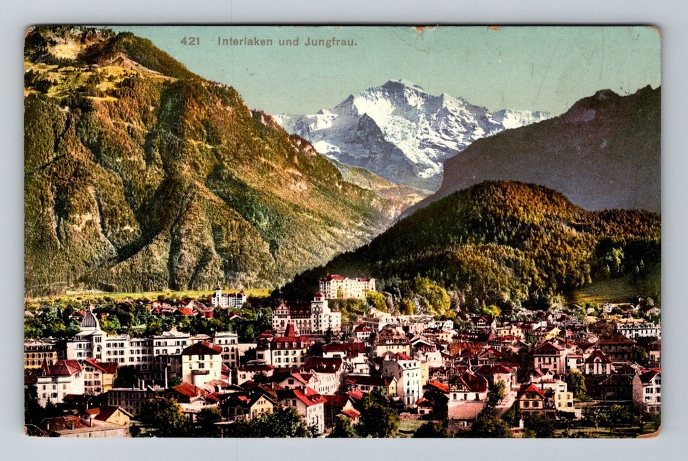 Switzerland- Interlaken & View Of Alps Mount Jungfrau Old Vintage c1909 Postcard