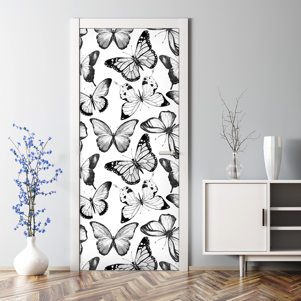 Watercolour Butterfly Mural Black and White Pattern Self Adhesive Door Decal