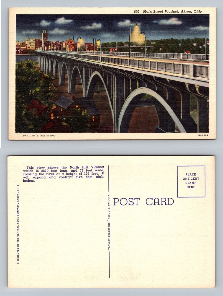 Akron, OH-Ohio, Main Street Viaduct Night Scene Card View Vintage Postcard