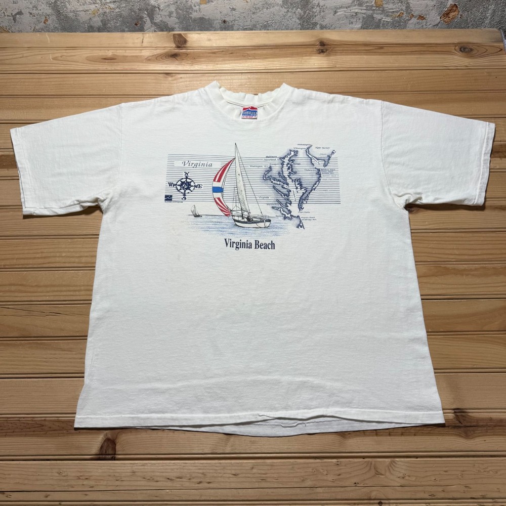 Vintage 90s Virginia Beach Map Sailing Boat Graphic Souvenir T-Shirt - Size XL