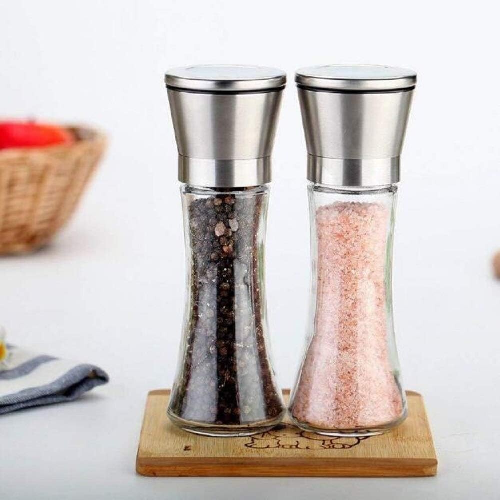 Salt and Pepper Grinder Set with Adjustable Coarseness and Refillable Glass Mills