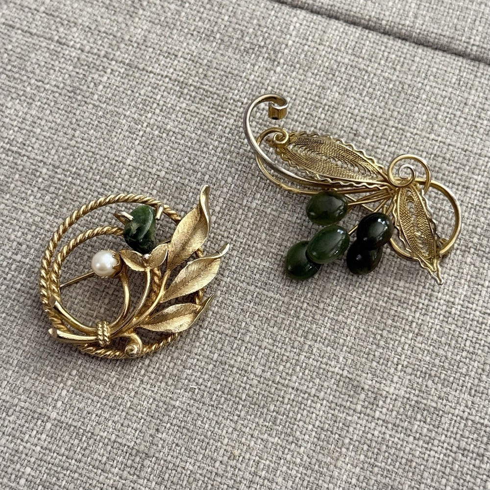 Vintage Gold Tone & Jade Stone Brooches - Lot of 2 - Sarah Coventry Signed