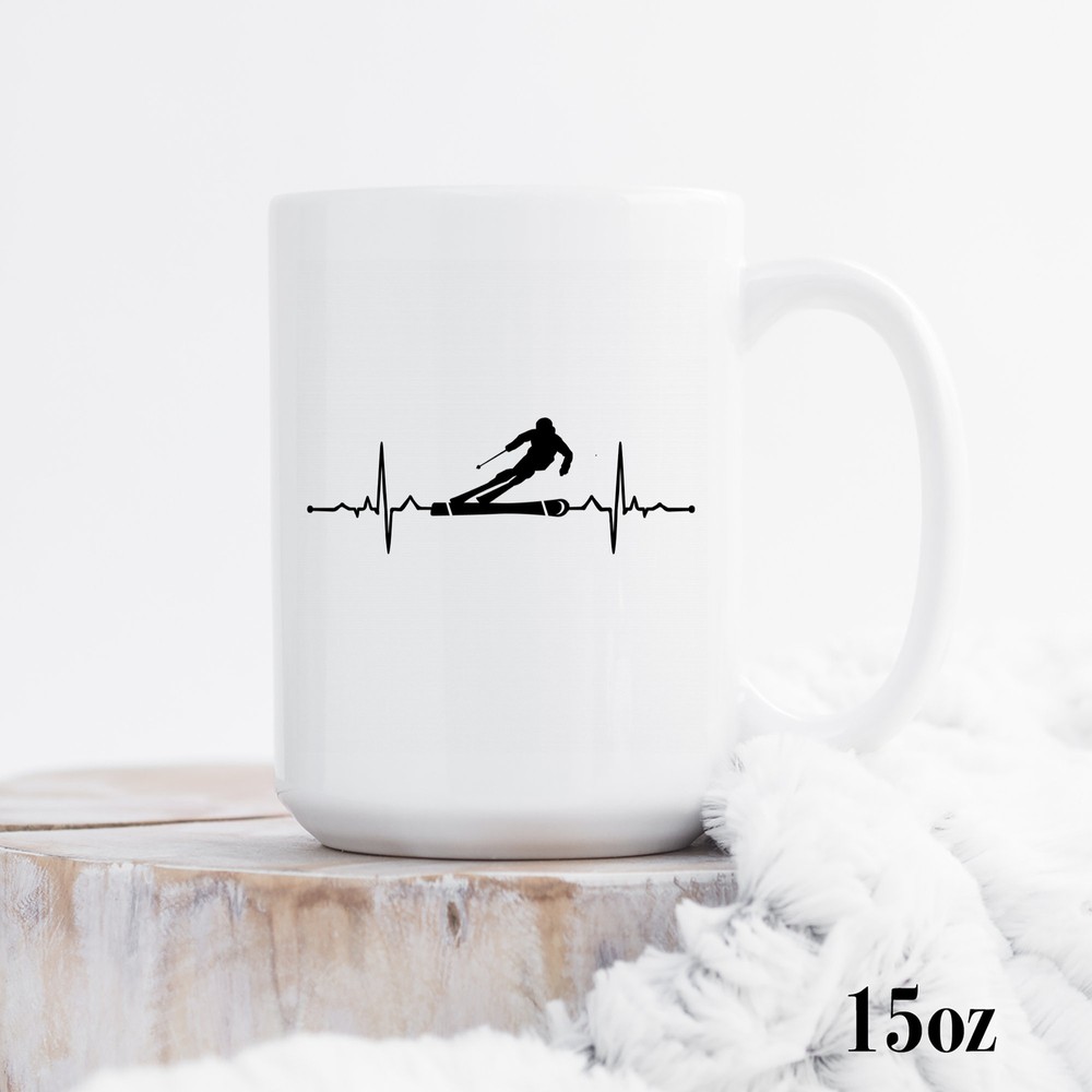 Ski Lover Heartbeat Design Coffee Mug Perfect Gift for Skiers