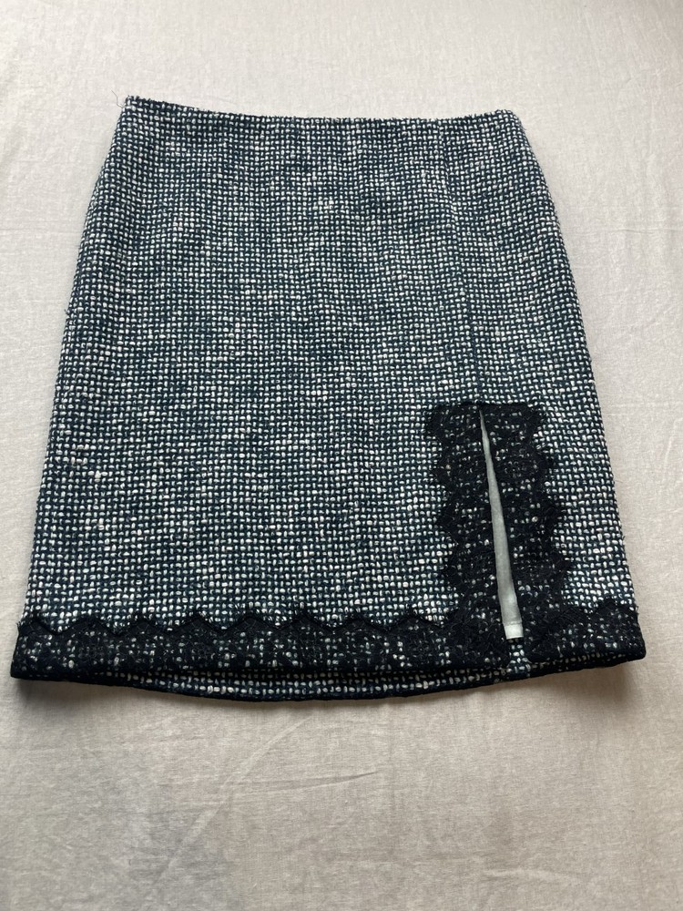 Laundry by Shelli Segal Black Size 10 Tweed Lace Boho Chic Wool Blend Midi Skirt