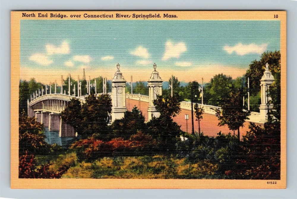 Springfield MA-Massachusetts North End Bridge, Connecticut River, Linen Postcard