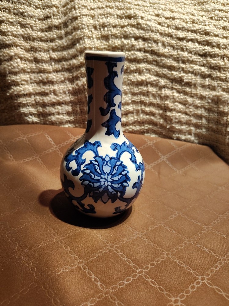 Small Portuguese Ceramic Blue White Handmade Floral Portugal Vase Gift 6''