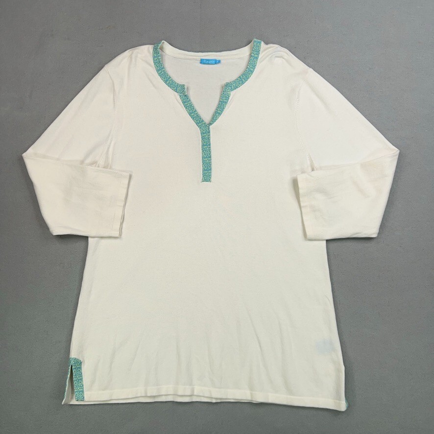 J McLaughlin Shirt Womens Extra Large Off White Blue Green Trim Tunic Coastal