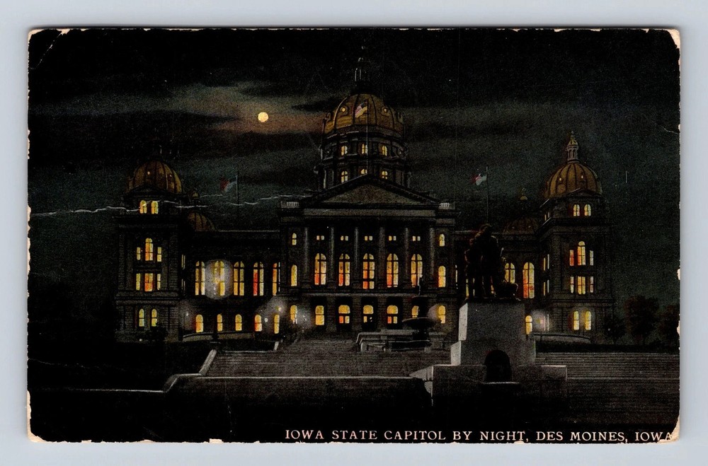 Des Moines IA-Iowa State Capitol By Night Vintage Postcard