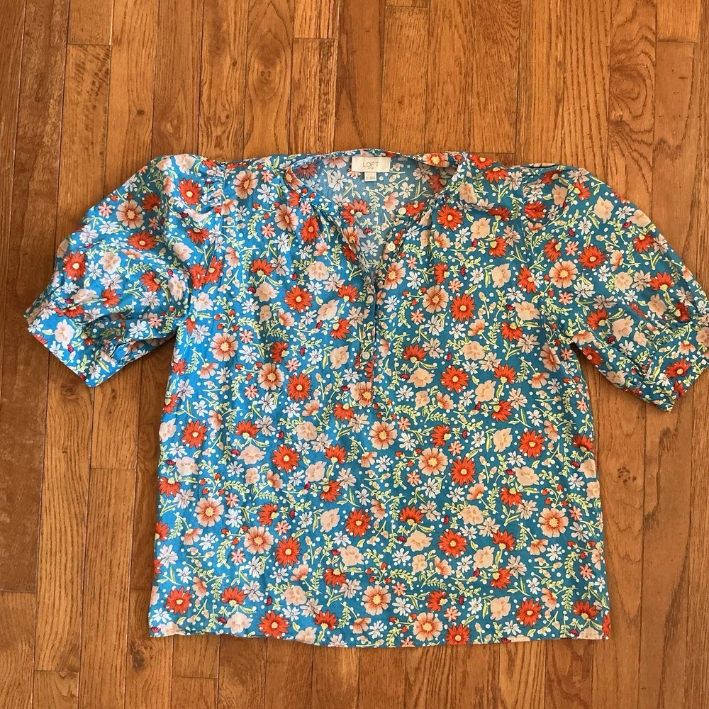 LOFT Floral Ruffle Sleeve V-Neck Blouse White Multicolor Women's Size M