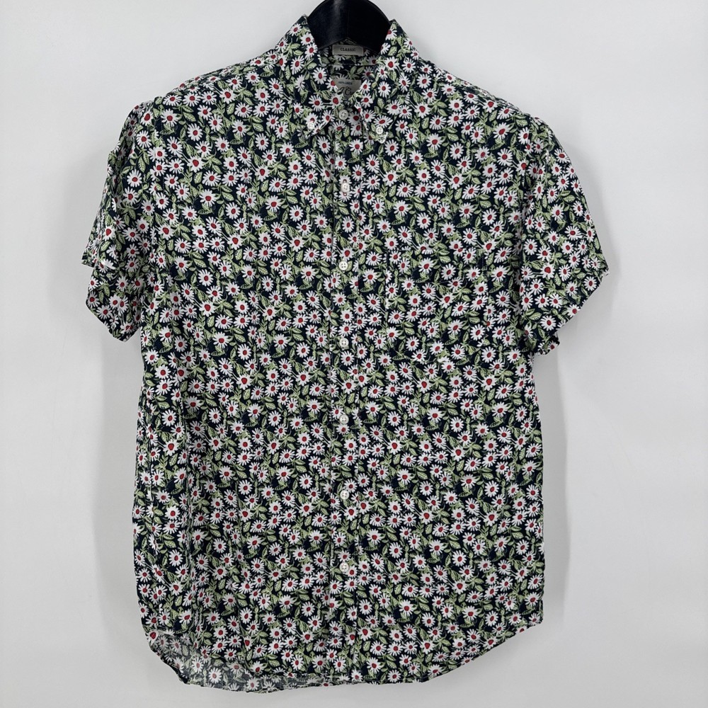 J Crew Shirt Linen Floral Daisy Print S/S Button Down Mens Small Classic Fit