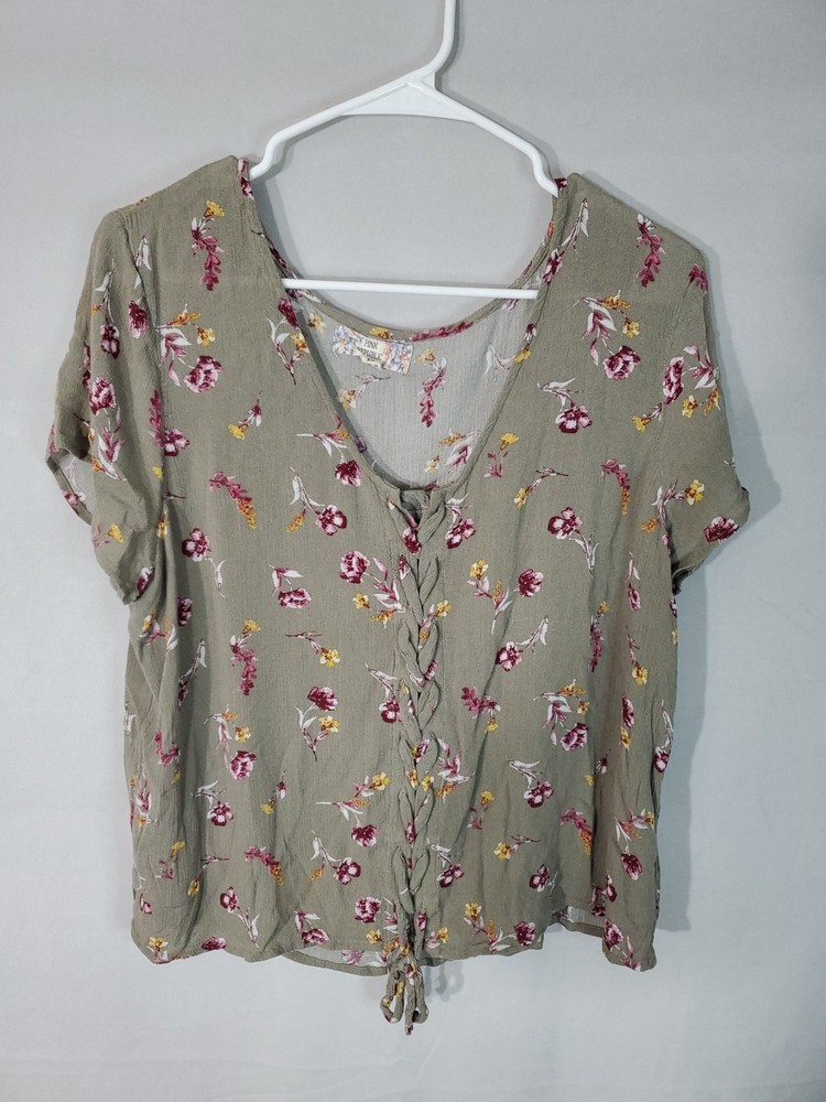 Pink Republic Blouse Women's Size XL Floral Short Sleeve V-neck Front Tie