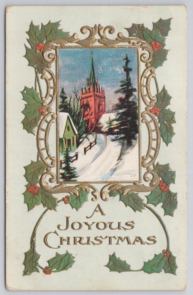 1910 Philadelphia PA Christmas Postcard Church Winter Scene Holly Embossed