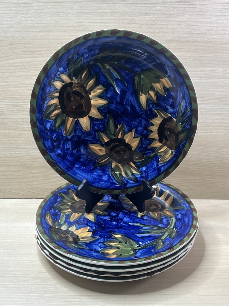Mulberry Home Sunflowers Blue Green Dinner Plates Set of 5 10.75 Inch