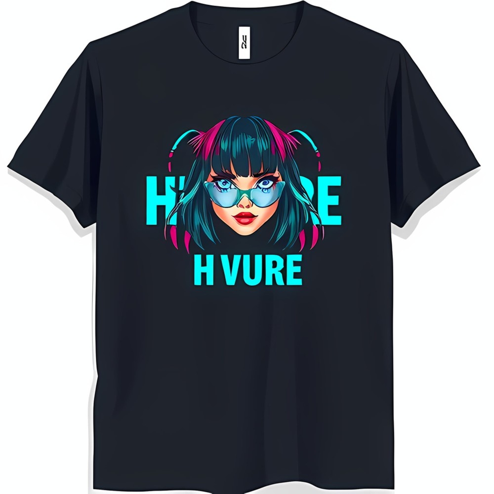 Stylish Black T-Shirt with Blue Haired Woman in Sunglasses & 'H VURE' Print