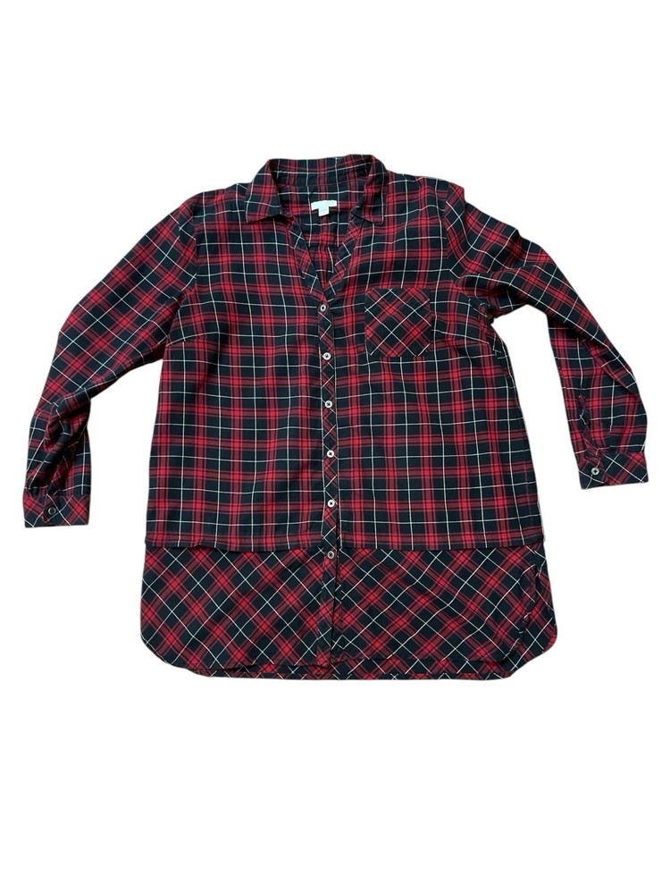 J Jill Shirt Womens Medium Regular Button Up Plaid Red Black Tunic Buffalo