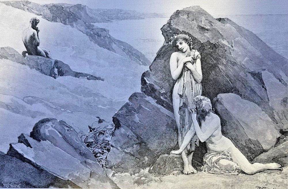 1891 Vintage Magazine Illustration Partially Nude Women on Beach J. R. Wegulein