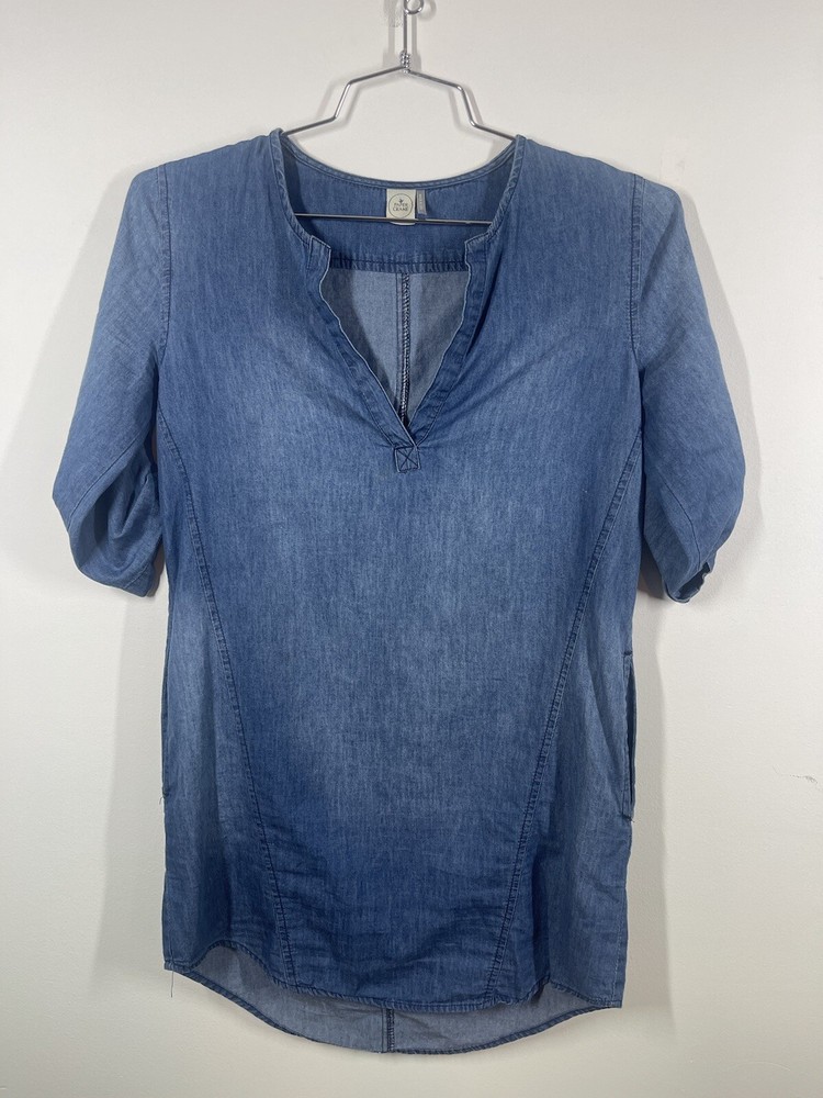 Anthropologie Paper Crane Split Neck Cotton Chambray Mini Dress Size Med Pockets