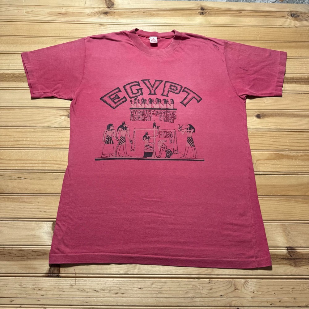 Vintage 90s Egypt Ancient Anubis Hieroglyphics Mythology Faded T-Shirt - Large