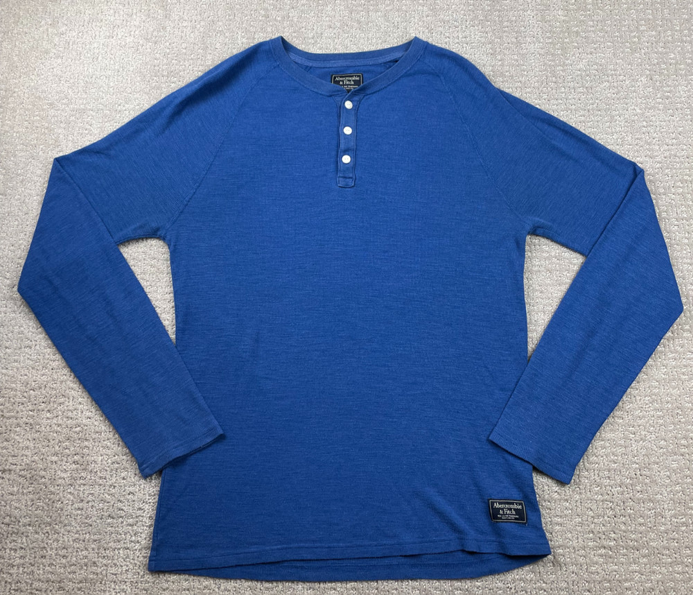 Abercrombie Fitch Shirt Men L Blue Thermal Waffle Knit Henley Pullover Essential