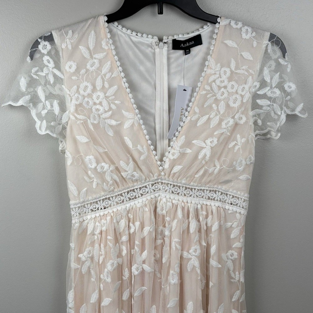 NWT Aakaa Ivory White Over Blush Peach Lace Dress Size MEDIUM Maxi Deep V Bridal