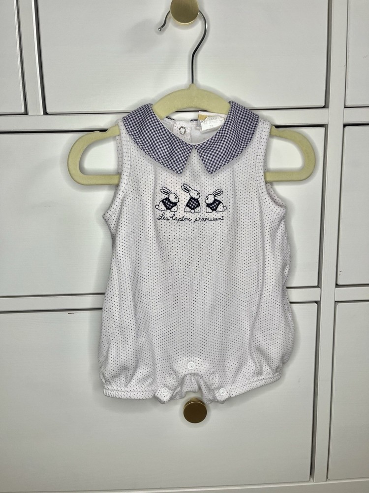 Vintage Layette Baby Girl French Bunnies Bubble Romper 0-3 Months