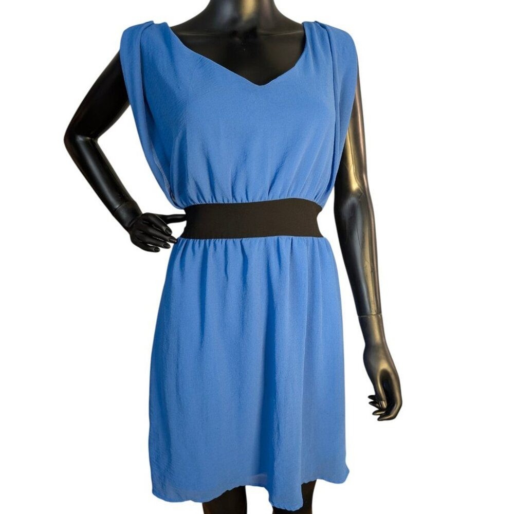 Alya Blue Sleeveless Dress Women’s Medium Black Waist Tie V-Neck