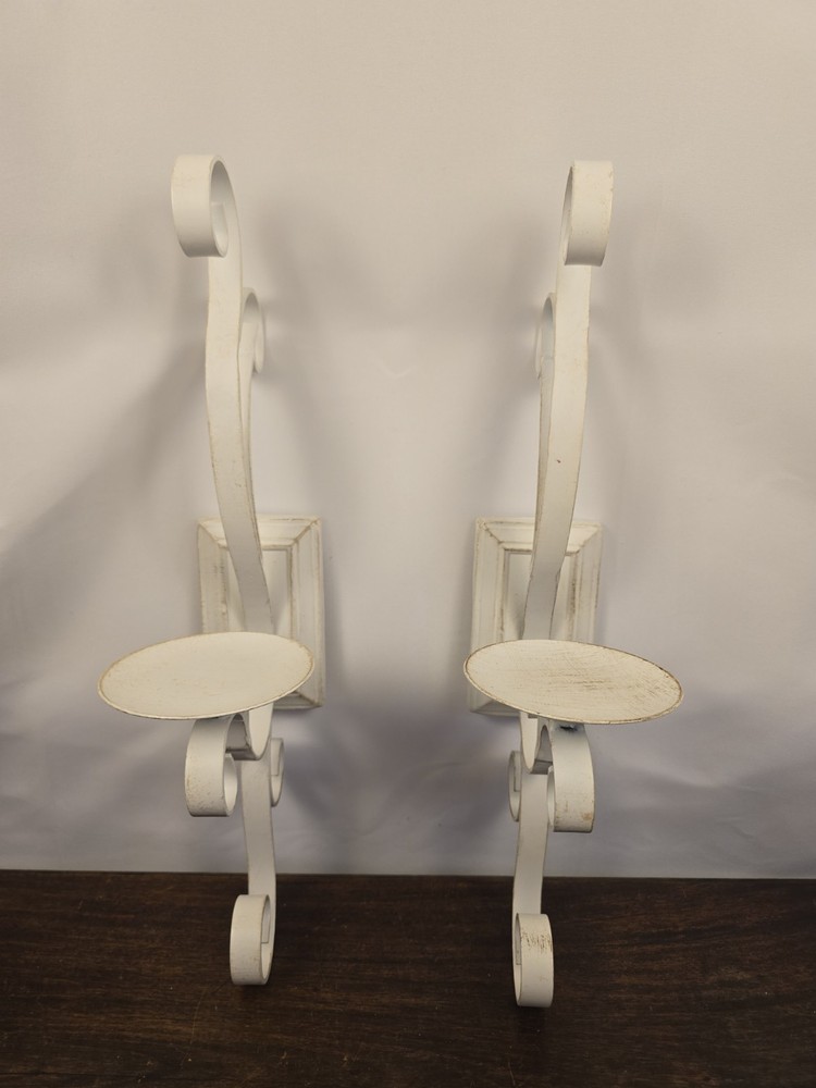 Set Of 2 Rustic Metal White Wall Hanging Pillar Candle Holders Shabby Chic Boho