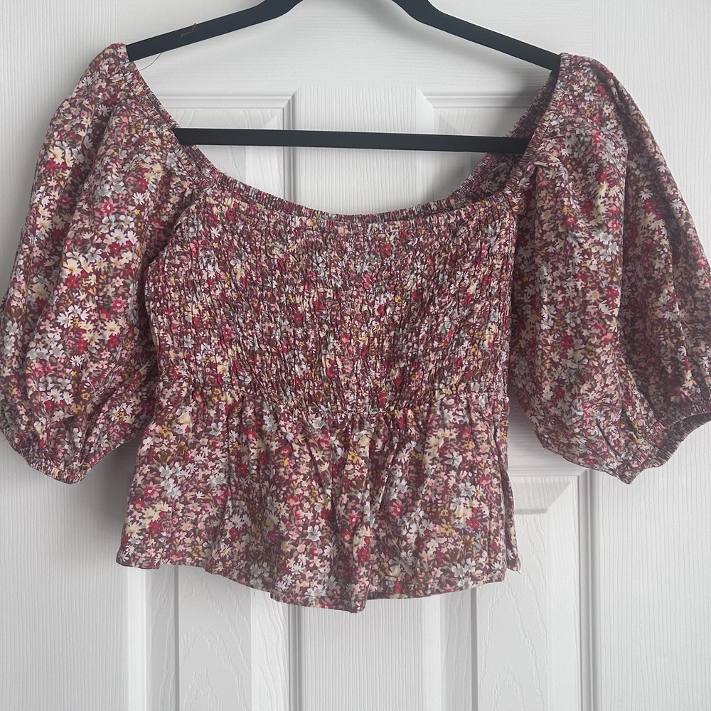 Sim & Sam Women’s Small Floral Smocked Puff Sleeve Peplum Top 100% Cotton
