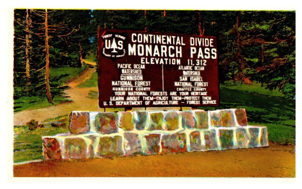 CO Colorado Monarch Pass Continental Divide Marker Artist Rendering Postcard