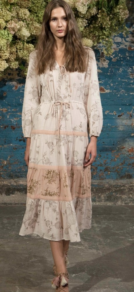 Ulla Johnson Sz 4 Floral Cotton Tiered Midi Dress Long Sleeve Tie Waist Cream