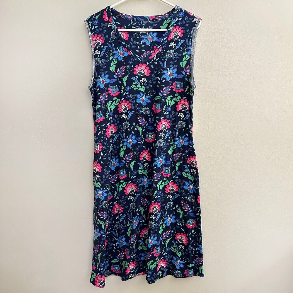 Soft Surroundings Essential Supima T-Shirt Dress Sleeveless Blue Folk Art Floral