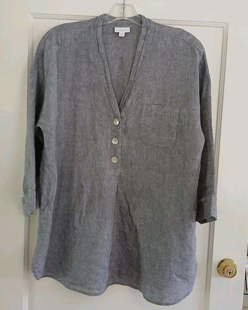 J. Jill 100%  Blue Chambray Linen Popover Top L TALL Large  3/4 Sleeve