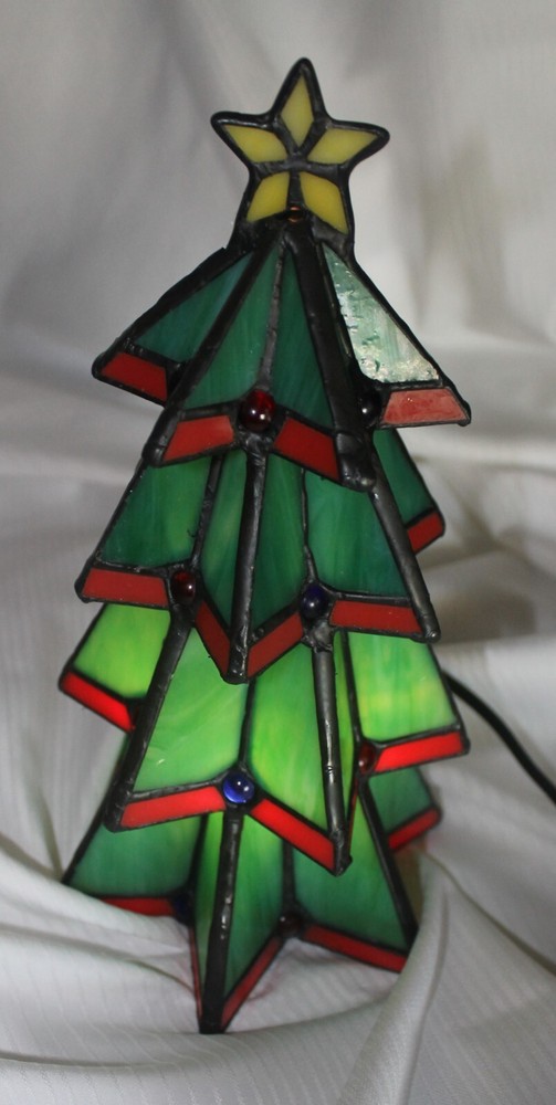 Attractive Tiffany Style Stained Glass Christmas Tree Accent Lamp 9.5 Inches-image