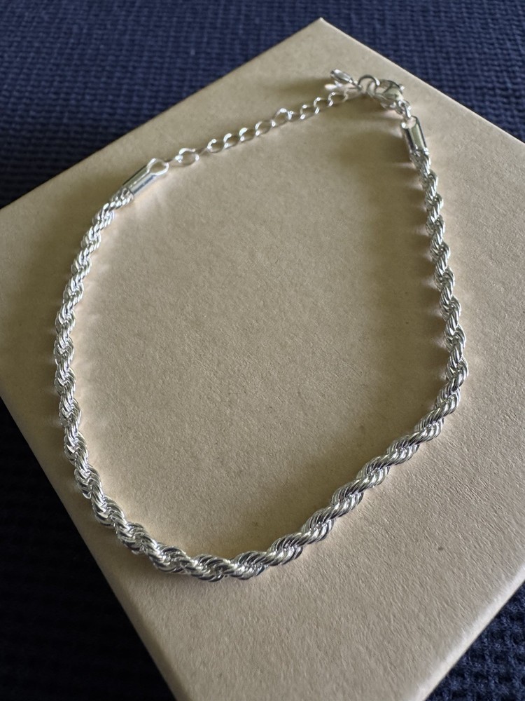 Stylish 925 Sterling Silver Plated Rope Bracelet, 6.5” With 2”extender